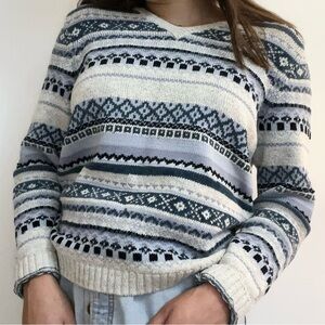 blue and white knit sweater